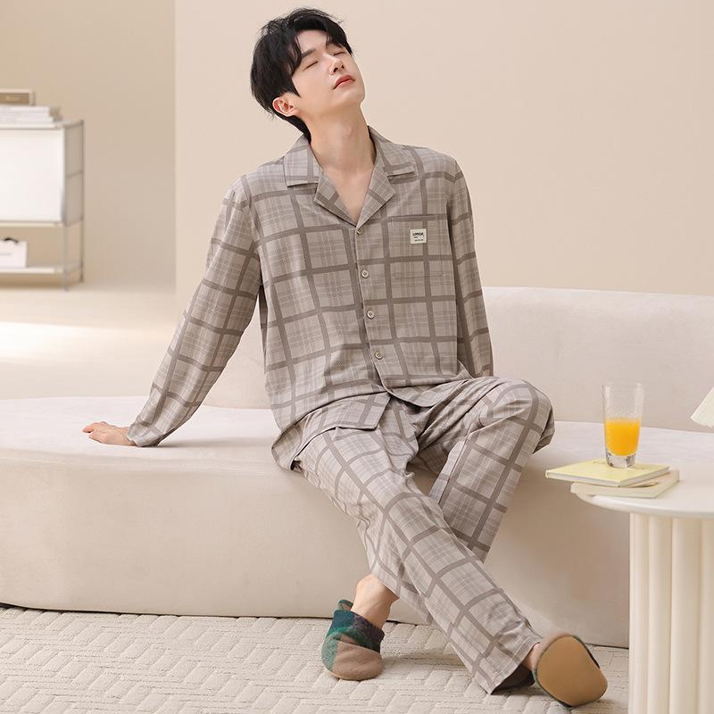 Couple pajamas pure cotton long-sleeved spring and autumn women's simple casual men's comfortable cardigan cotton loungewear set