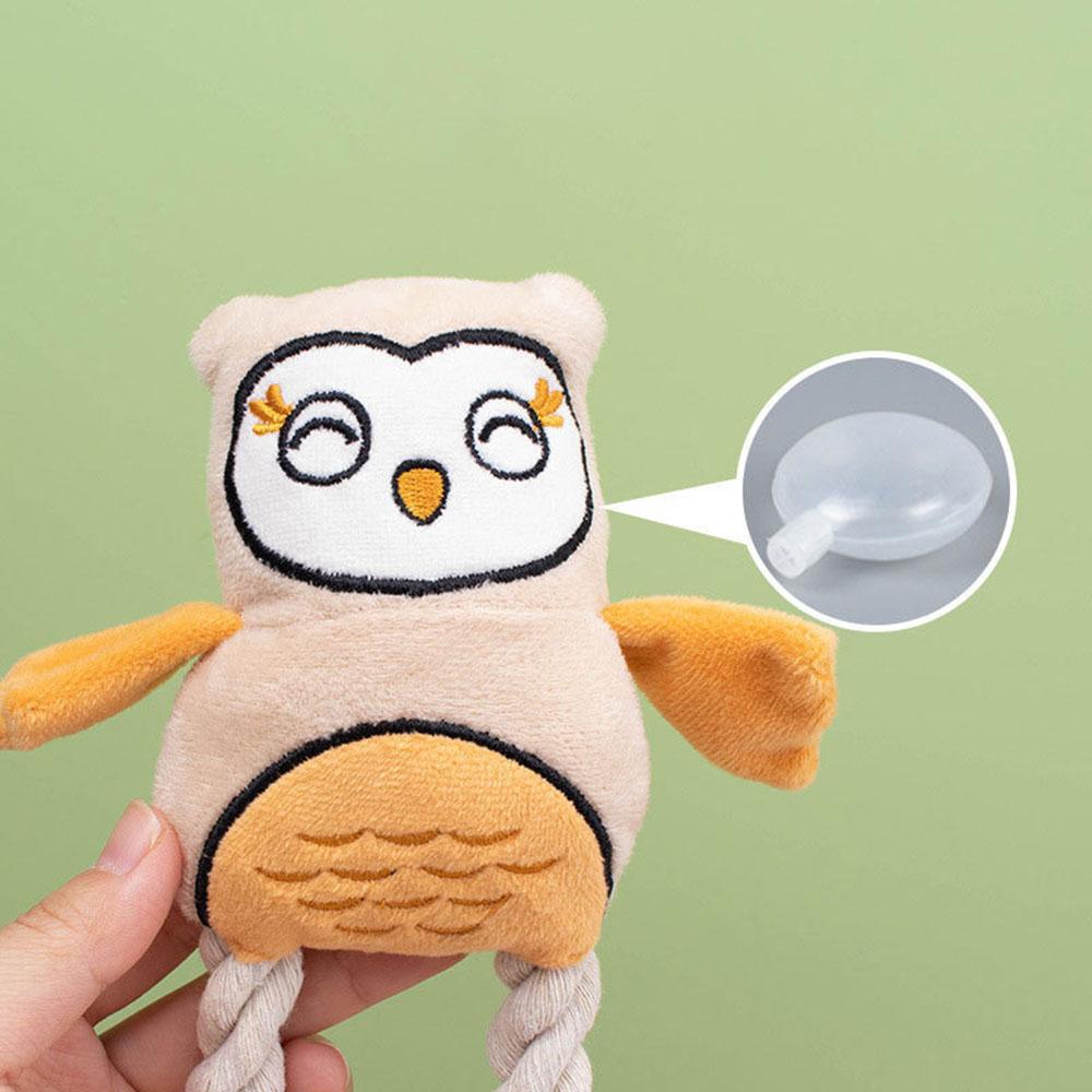 Dog Chew Toy Plush Owl with Cotton Rope - Squeaky Interactive Pet Toy for Puppies Small Medium Dogs,