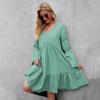 Above Knee Women Spring Summer Bohemian Holiday Dress Straight V-Neck High Loose Waist Full Sleeve Big Swing Ruffle Solid Color M-3XL