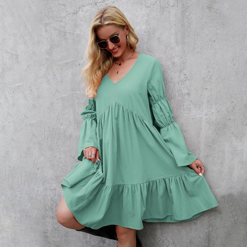 Above Knee Women Spring Summer Bohemian Holiday Dress Straight V-Neck High Loose Waist Full Sleeve Big Swing Ruffle Solid Color M-3XL
