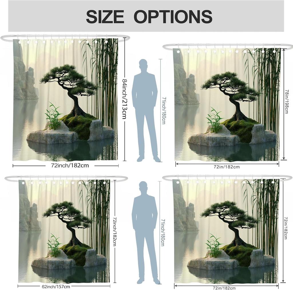 Zen Garden Shower Curtain, Green Bonsai Water Landscape Bathroom Decor, Serene Tranquil Modern Waterproof Fabric Shower Curtain