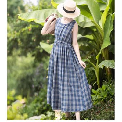 2025 Summer New Cotton Double-layer Yarn Round Neck Plaid Long Dress Design Sense Niche Sleeveless Dress Women