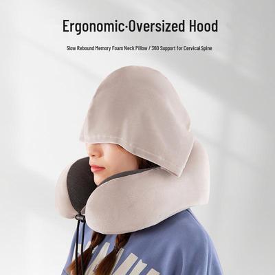 Memory Foam U-Shaped Neck Pillow with Hood - Portable Travel Pillow for Airplane and Outdoor Use