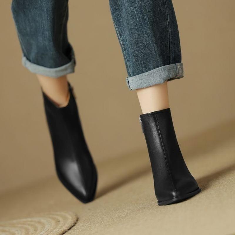 Scarpe a punta, Scarpe da donna, Stivaletti, Nuovo tacco medio snellente, Stivali versatili, Stivaletti singoli in pelle morbida