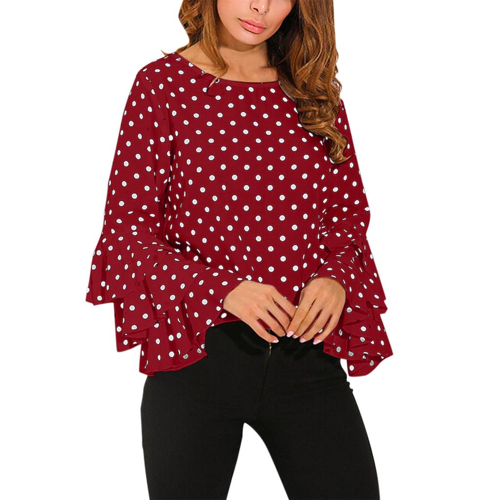 European & American Polka Dot Bell Sleeve Plus Size Chiffon Blouse