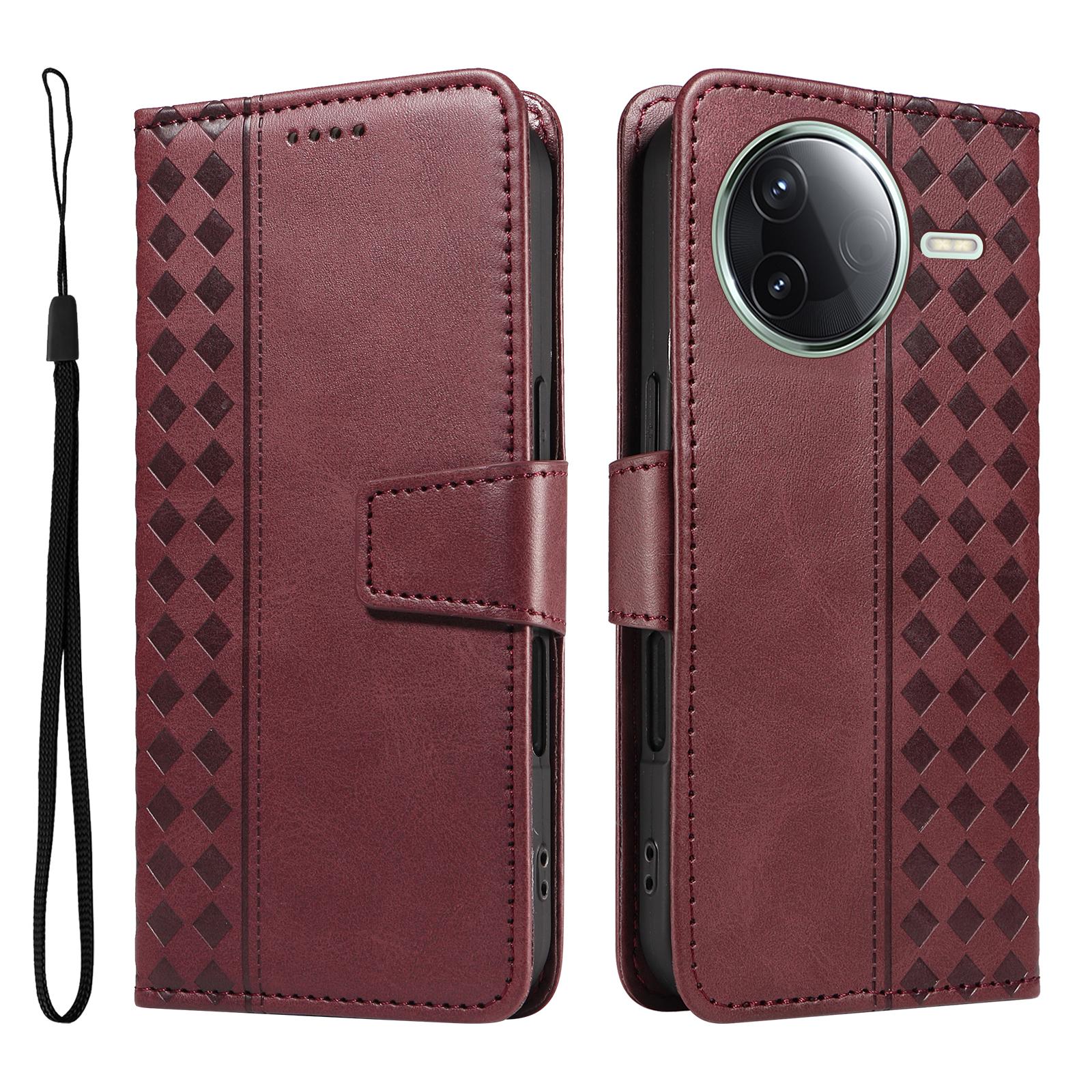 

For Xiaomi Redmi K80 Pro 5G/Xiaomi Poco F7 Ultra 5G/Xiaomi Poco F7 Pro 5G/Xiaomi Redmi K80 5G Case Wallet Stand Grids Imprinted Phone Cover with Strap Wine Red