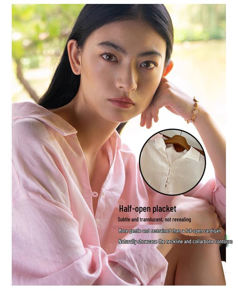 Si Yuan Design V-Neck Button-Down Linen Shirt - Women's Loose Relaxed Fit, New Style 2026.