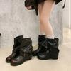 Autumn Winter Thick Heel Women Western Cowboy Boots Fashion Belt Buckle Slip On Shoes Ladies Vintage Pleated Short Booties