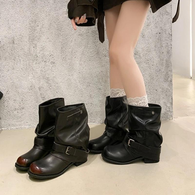 Autumn Winter Thick Heel Women Western Cowboy Boots Fashion Belt Buckle Slip On Shoes Ladies Vintage Pleated Short Booties