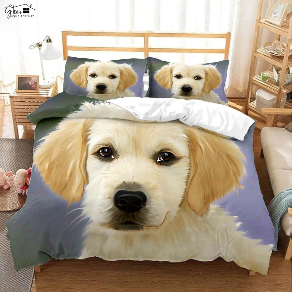 Housse de couette et taies d'oreiller 3 pièces à imprimé 3D d'animal chien mignon, 100% polyester doux et confortable, housse de couette en duvet