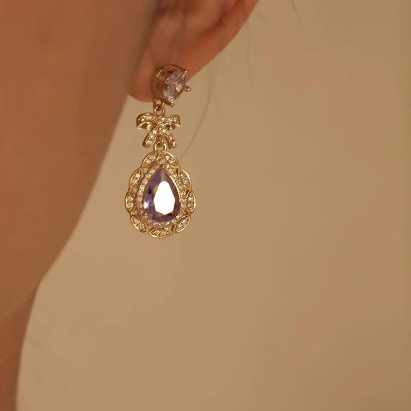 French purple water drop earrings, bow zircon light luxury jewelry, unique design temperament spring earrings
