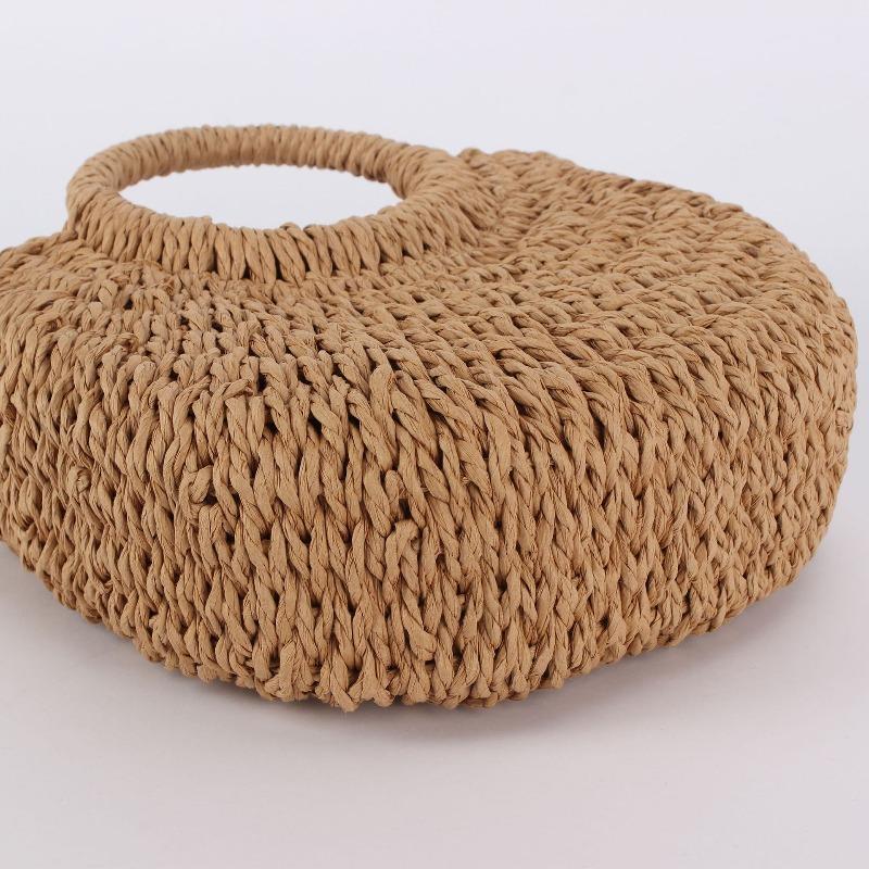Bolsa semi-redonda simples e popular de palha trançada, bolsa de praia tecida à mão, bolsa mensageira de mão para viagem de férias