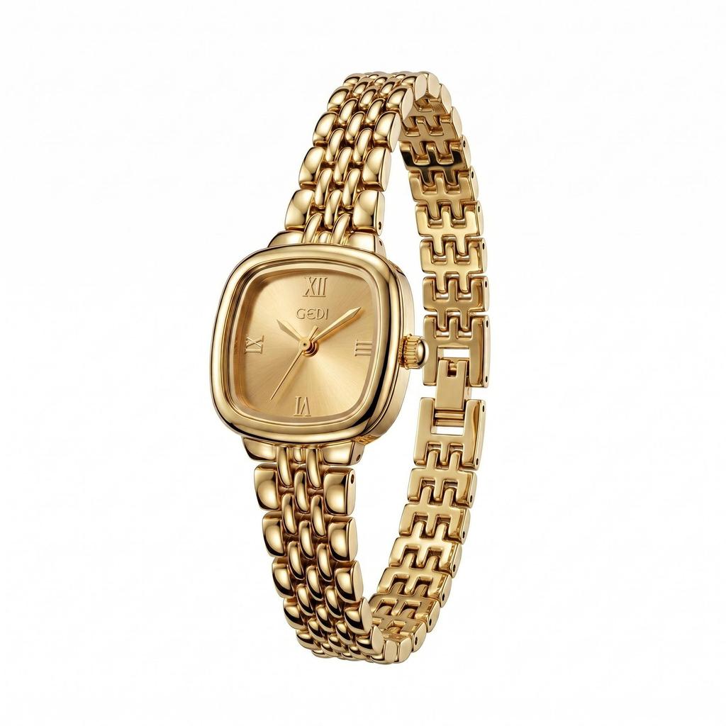 GEDI Women's Roman Numerals Gold Square Quartz Watch – Luxury, Versatile, Retro Steel Band.