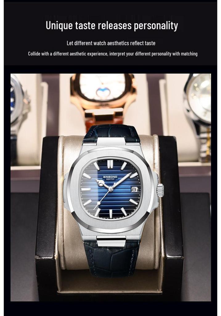 Men's Fashionable Waterproof Luminous Calendar Watch with Genuine Leather Strap