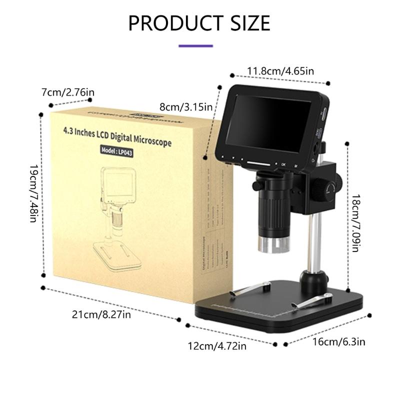LCD Digital Microscope 4.3Inch Screen 720P Video Recorder 1-1000X Magnification Zoom Coin Microscope Magnifier PC View