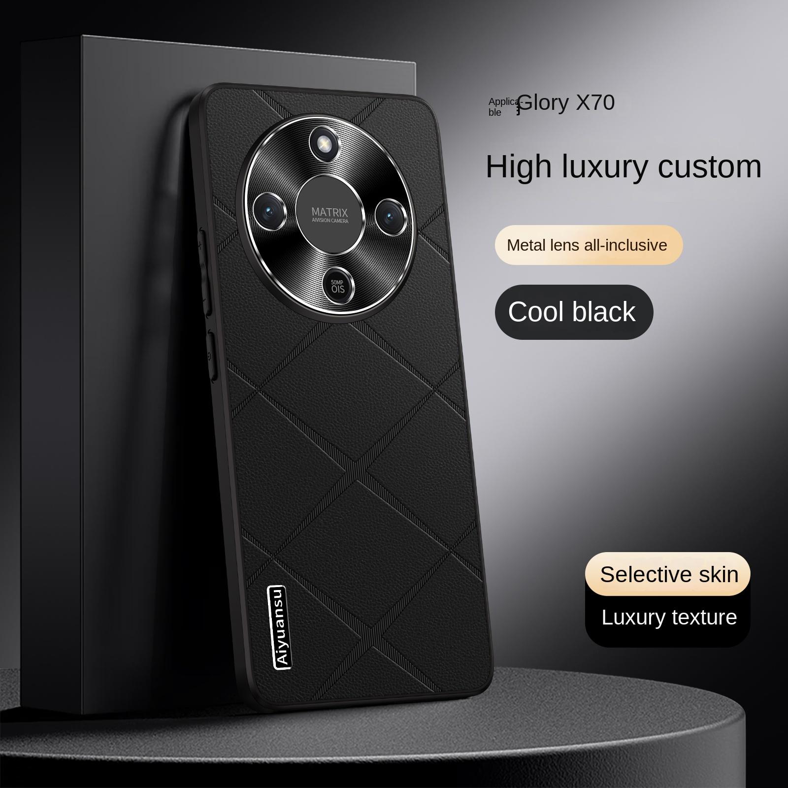 

For Honor X70 high-luxury vegan leather metal lens protection anti-drop and anti-fingerprint phone case чёрный