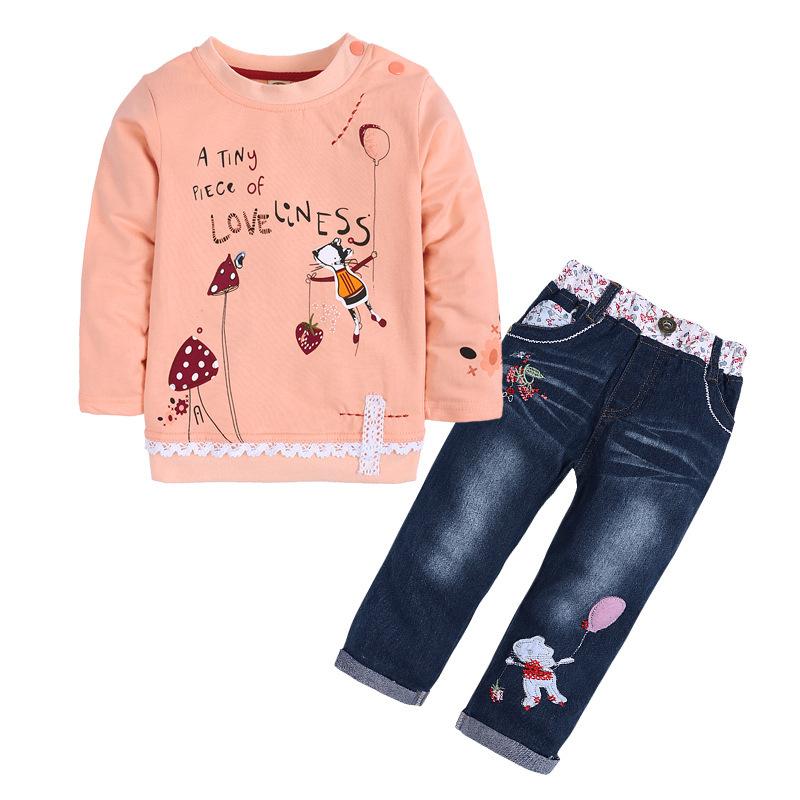 Girls Spring Autumn Long Sleeve Printed Sweatshirt and Denim Pants Set