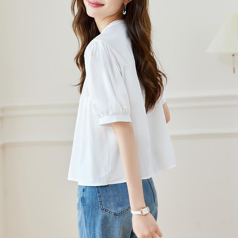 Summer New V-neck Short-sleeved White Shirt Women's Thin Bubble Sleeve Chic Top Shirt