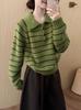 Korean-Style Striped Polo Neck Knitwear for Women – Thick, Loose, Soft & Warm Autumn/Winter Top