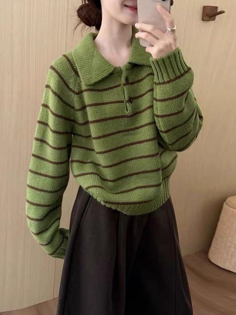 Korean-Style Striped Polo Neck Knitwear for Women – Thick, Loose, Soft & Warm Autumn/Winter Top