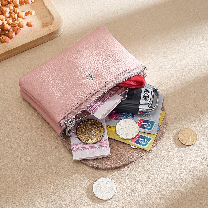 Leather Coin Purse for Women Double Layer Card Holder Mini Wallet Zipper Earphone Key Lipstick Storage Pouch Kids Money Bag Clip