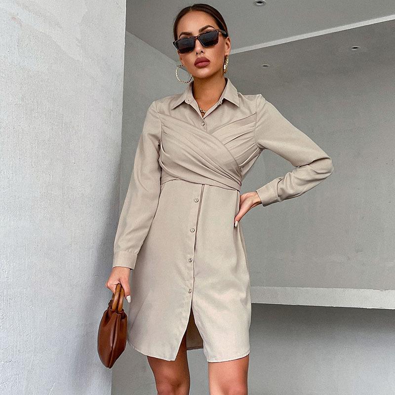 Temperament and Elegance Outer Wear Early Autumn Women's Shirt Dresses Lapel Solid Color French Long Sleeve Shirt Dresses