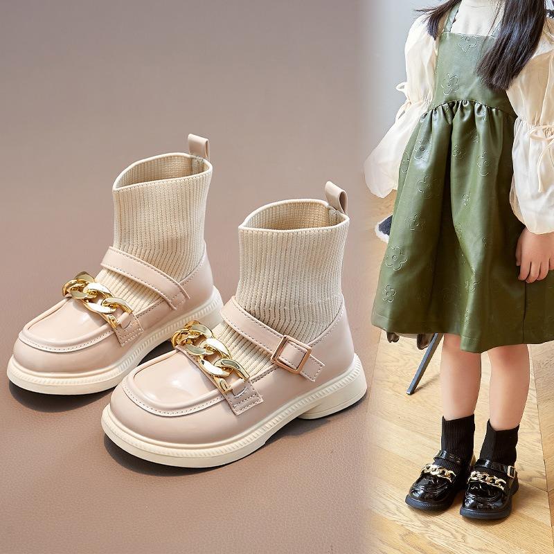 Korean Version of the New Children's Boots British Style Knitted Socks Boots Fashion Chain Foreign Style Princess Leather Boots