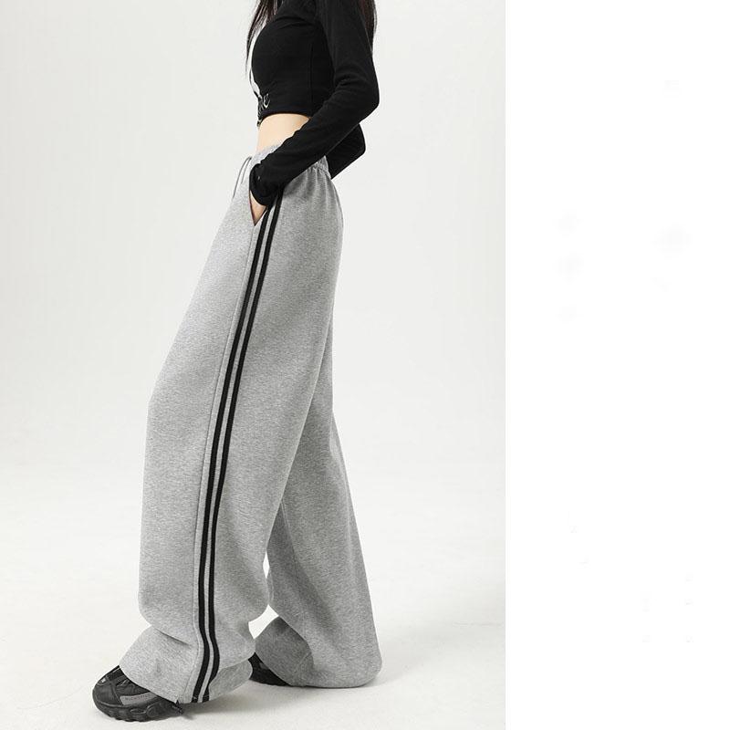 Women Stripe Chic Straight Pant Autumn Spring Retro Sports Sweatpants High Waist Color Blocked Trouseres Lady Casual Streetwear