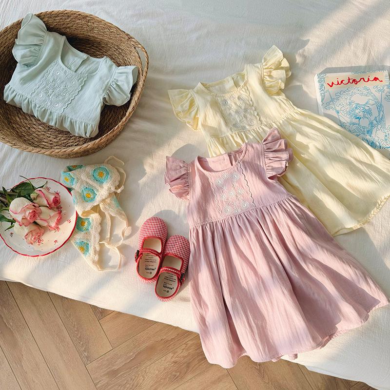 Exquisite Floral Embroidered Cotton Puff Sleeve Girls' Dress - Korean Style Summer 2026 Princess Skirt