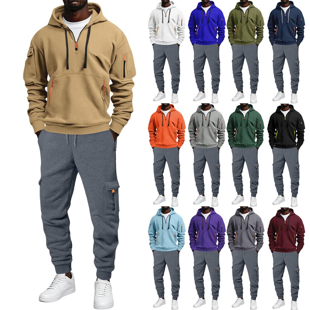Men's Color Casual 2 Piece Set, Loose Hoodie with Pocket and Multi-Pocket Cargo Pants