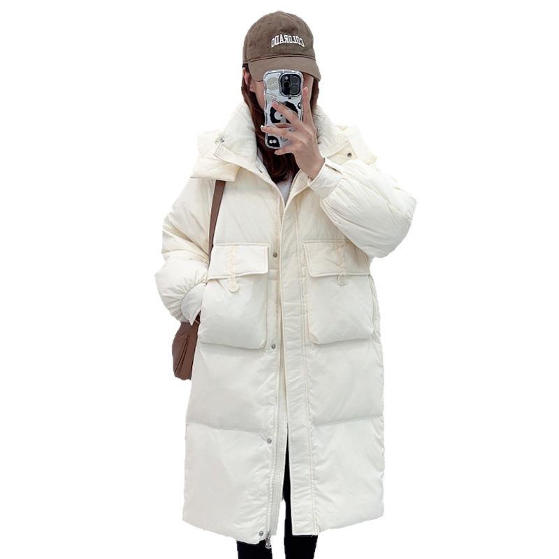 Down jacket women's medium and long knee winter new waist fashion loose thickened hooded white duck down