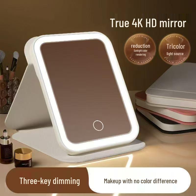 Specchio LED Portatile per Trucco con Design Pieghevole, Chiarezza HD, Ideale per Dormitori Studenteschi e Tavolini da Toeletta.