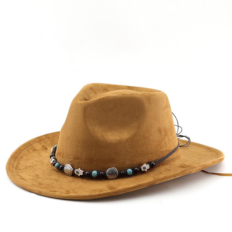 Solid color suede fedora hat, ethnic style belt, western cowboy hat, curled brim retro equestrian hat, wool felt hat