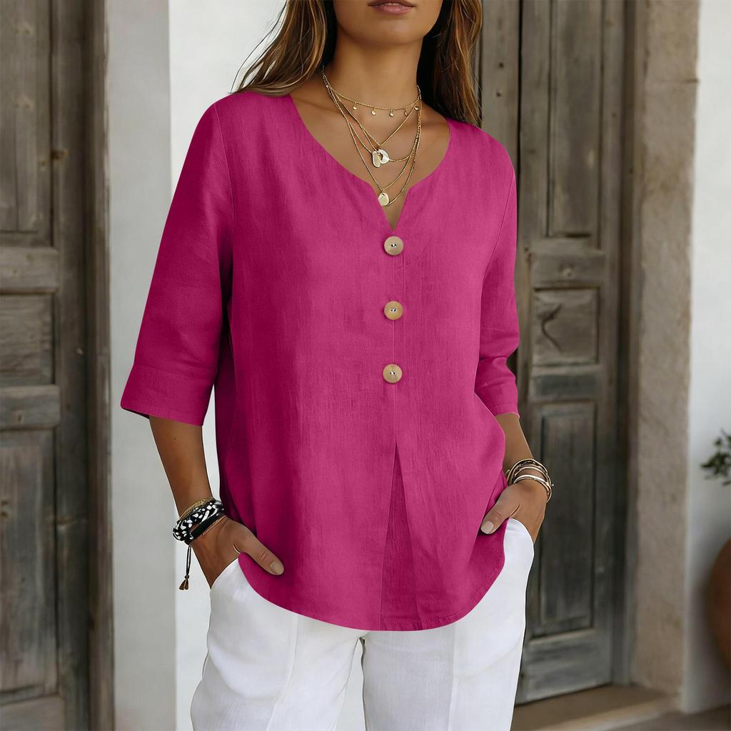 2026 Cotton Linen Three-Quarter Sleeve Button-Down Casual Loose Top Solid Color Shirt