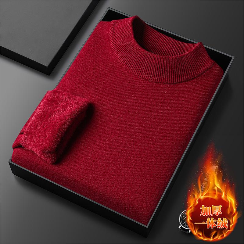 Popular Men's Autumn and Winter Integrated Fleece Semi-turtleneck Sweater Pullover Solid Color Knitted Sweater Men's Fleece Guarantee