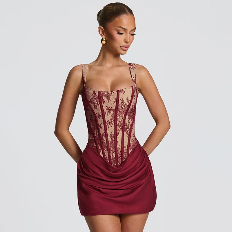 European Style Lace Patchwork Bodycon Dress - Strappy, Waist-Cinched Skirt