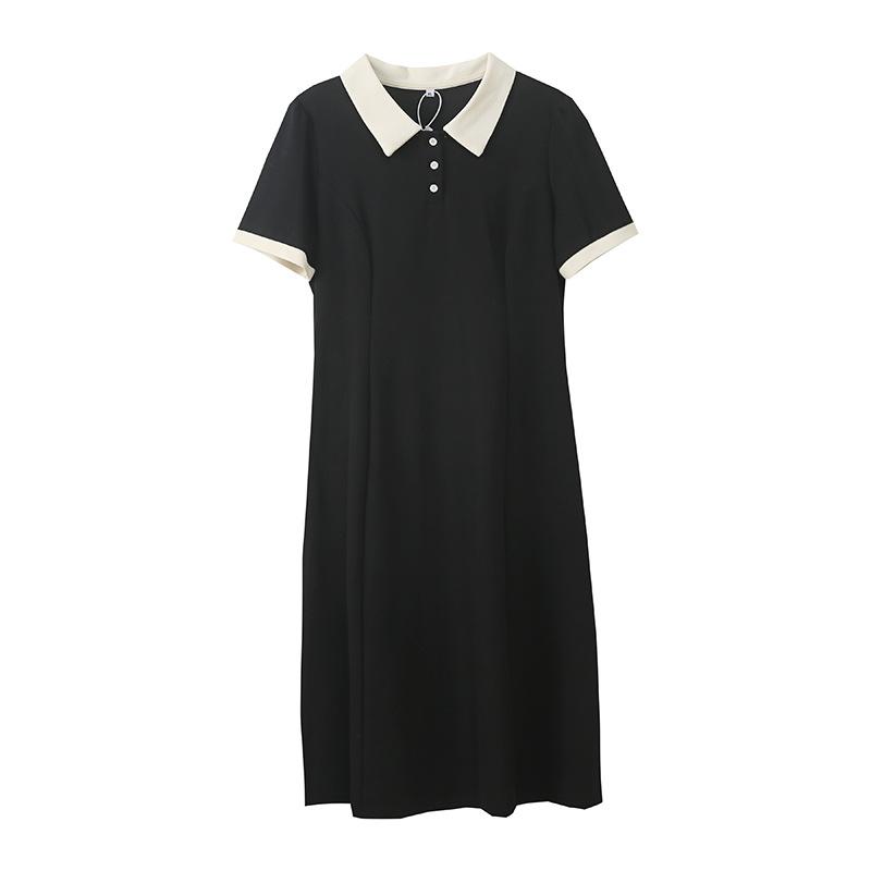 Large Size Women's Clothing Contrasting Color Polo Collar Dress, Summer New Waist and Age-reducing Medium and Long Dress 222191