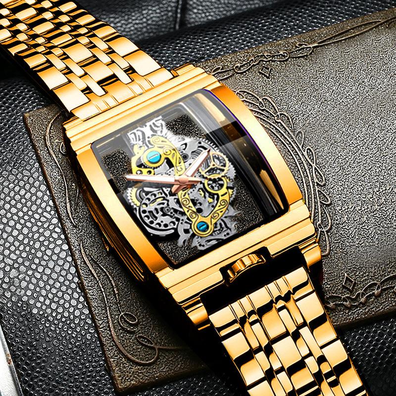 UTHAI L44 Men's Watch Fashion Hollow Carved Large Dial Barrel Waterproof Clock Steel Band Male's Business Quartz Watches