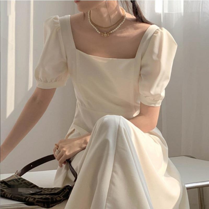 Black dress women's summer new French retro temperament square collar waist long Hepburn style small black dress