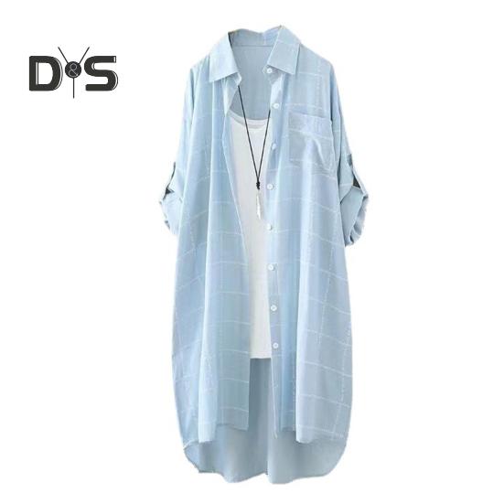 

Женская рубашка средней длины с отложным воротником, однобортная, неровный подол, свободный клетчатый принт, нагрудный карман, длинный рукав, запонка, мягкая дышащая женская блузка L синий