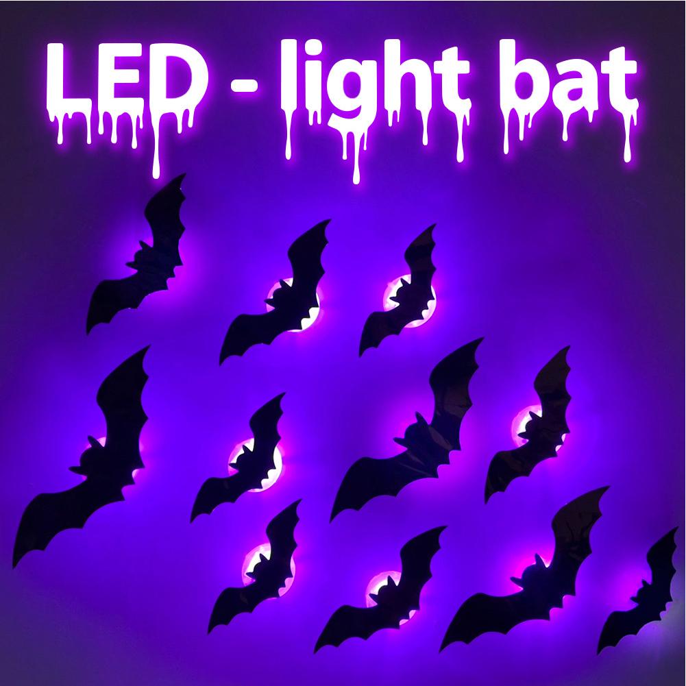 LED Lighted Bat Stickers Removable Glow Wall Stickers Battery Powered Halloween Spider Atmosphere Lamp for Stairs Bedroom Window
