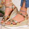 Fashion Luxury Golden Open Toe Wedge Sandals Women Summer Fashion Buckle Strap High Heel Sandals Woman Crystal Platform Women\'s Slides