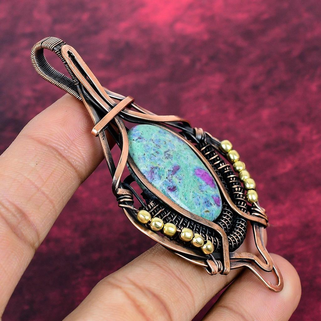 Ruby Fuchsite Real Gemstone Pendant Copper Wire Wrapped Jewelry Handmade Pendant