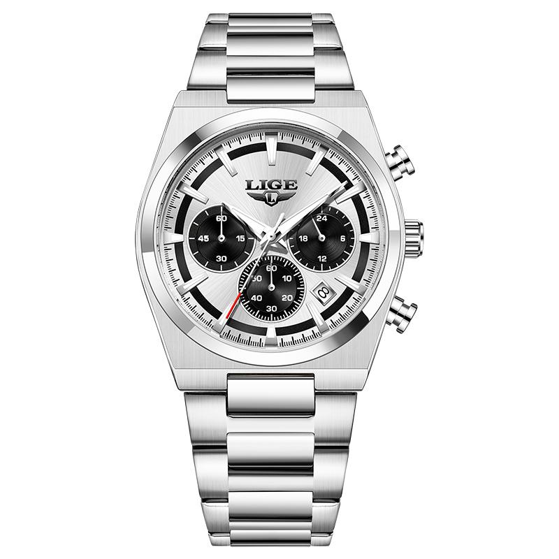 LIGE Chronograph Man Watch Fashion Business Quartz Wristwatches Waterproof Stainless Steel Luminous Auto Date Mens Watches