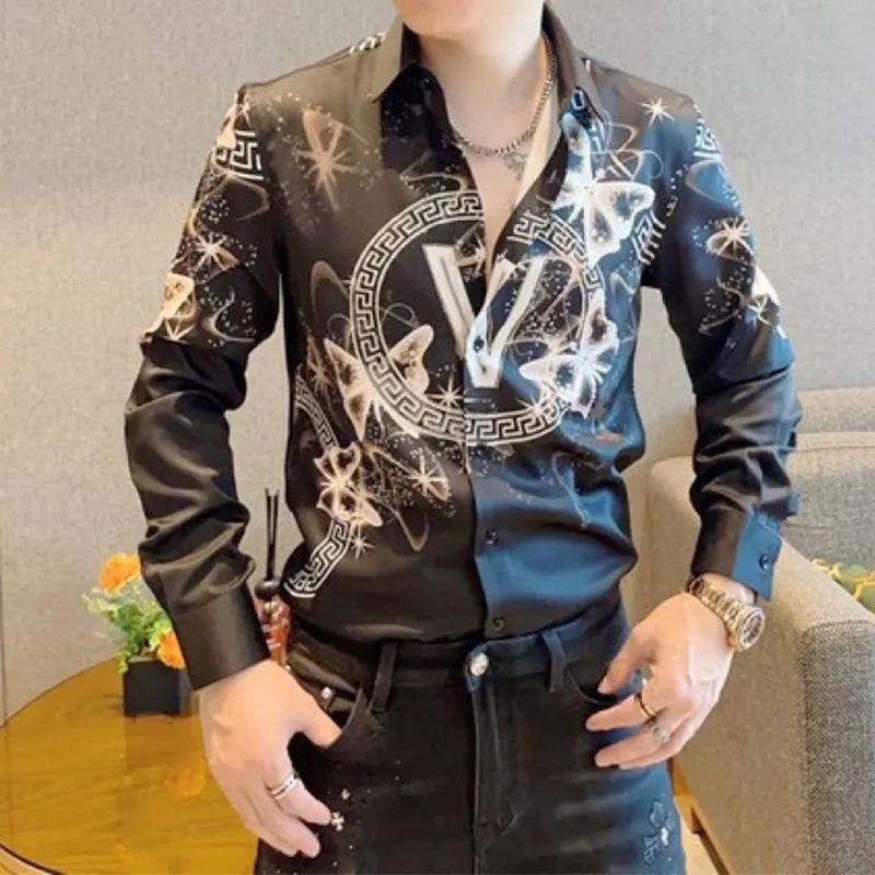 2024 neue Sommer Elegante Mode Gothic Lose Beiläufige Hübscher männer Hemd Männer Tragen Print Button V-ausschnitt Langarm chic Tops