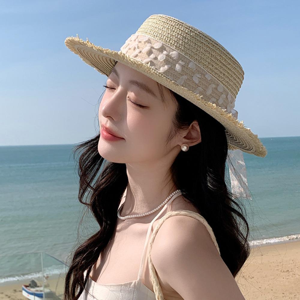 Fashion Large Brim Wide Brim Summer Sun Hat Lace Bowknot Anti Uv Sunshade Cap Sweet Breathable Straw Hat Seaside Vacation