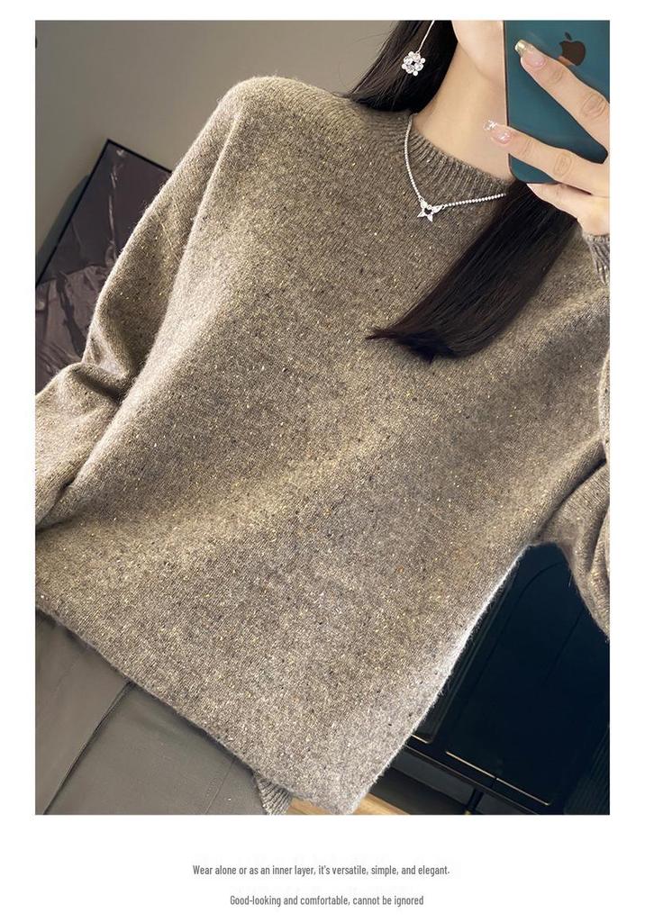 100% Pure Wool Seamless Round Neck Long Sleeve Slimming Sweater for Women - Autumn Winter Base Layer