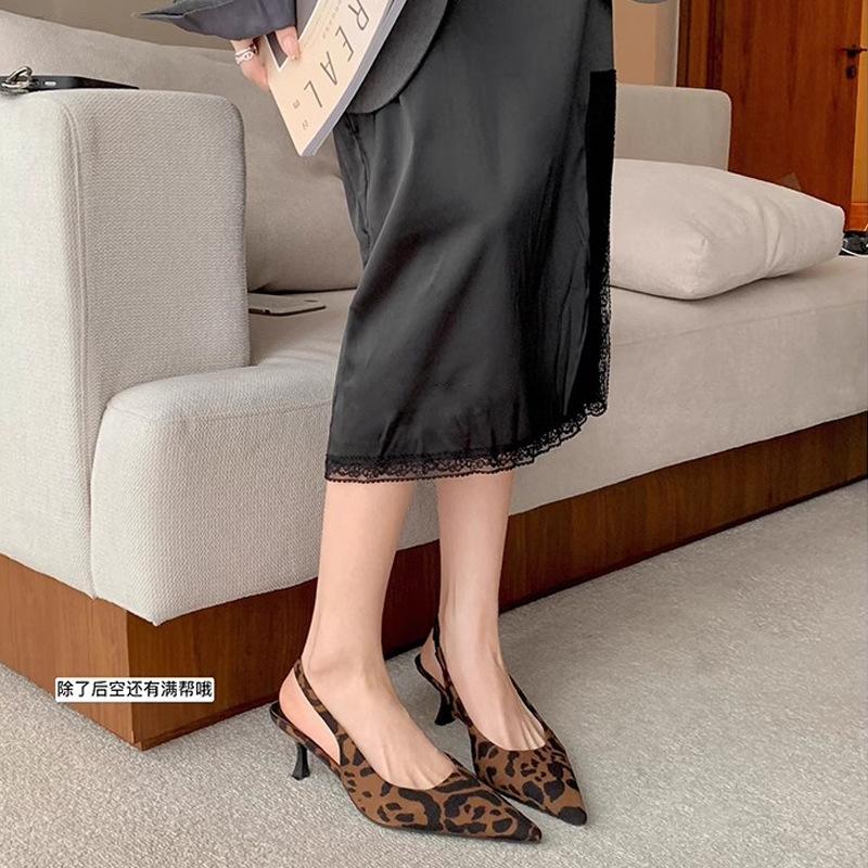 Deluna Daughter~ Temperament Small Pointed Head Shallow Mouth Empty Sandals Women's Thin Heel Leopard Cat and Single Shoe Women