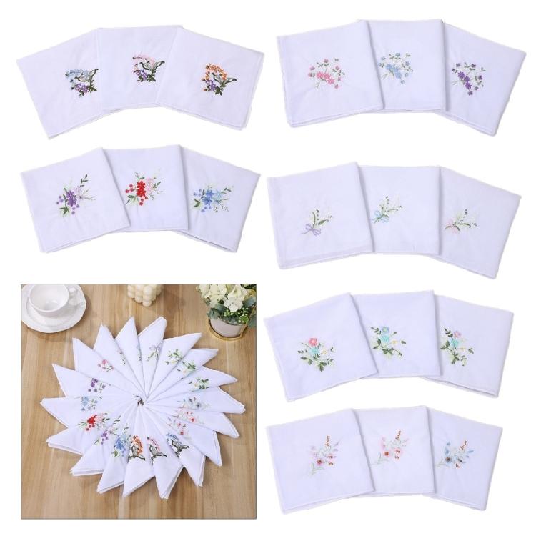 Lightweight Handkerchief Washable Chest Towel Embroidery Flower Hankie Pocket Square 28x28cm for Girl Traveling Shopping
