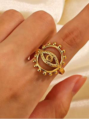 1 Piece Fashion 18k Gold Plated Evil Eye Ring with Cubic Zirconia Stainless Steel Open End Ring for Men and Women Zircon Ring